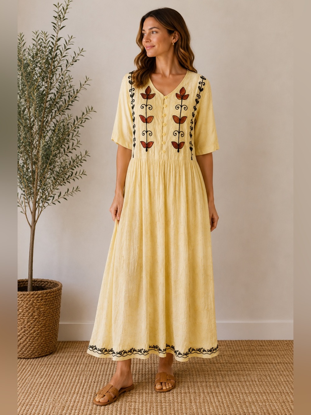 90s Light Yellow Embroidered Maxi Dress with Brown Floral Motif